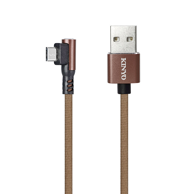 KINYO Micro USB 90度鋁合金彎頭布編織線1M-咖(USBB13)