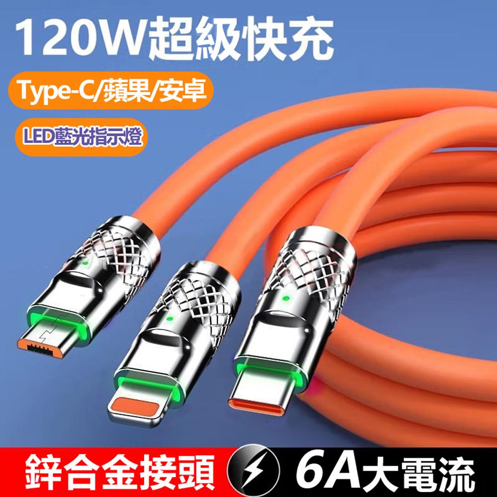 120W大功率6A大電流鋅合金三合一快速充電線-1.2M