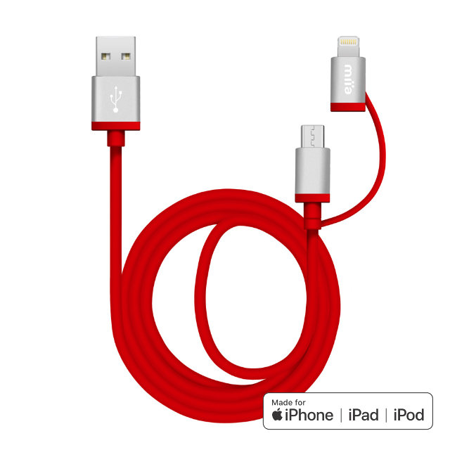 miia 蘋果原廠認證MFi Lightning & Micro to USB雙用傳輸線 (1.5M) 聖誕紅