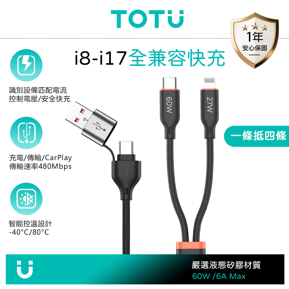 TOTU 二分二 Type-C/USB-A TO Type-C/Lightning PD 快充充電傳輸線 液態矽膠 新舊iPhone/安卓一起充