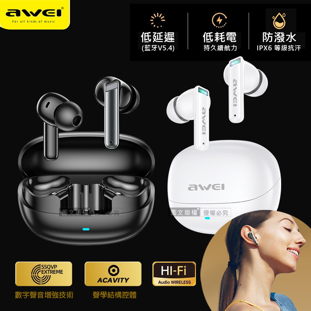 AWEI 用維 IPX6防潑水抗汗 舒適矽膠耳套 TWS真無線運動藍牙耳機