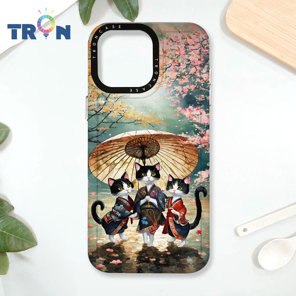 TRON iPhone 16 Pro Max 日系撐傘在櫻花下跳舞的3隻貓咪系列 太空殼 透白款 手機殼