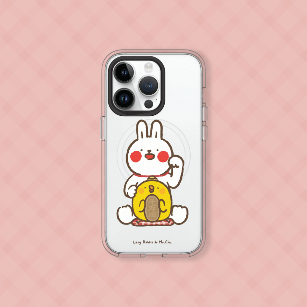 RHINOSHIELD 犀牛盾 iPhone 16/Plus/Pro/Max Clear MagSafe兼容 透明防摔磁吸手機殼|相機鍵按鈕版|懶散兔與啾先生-招財