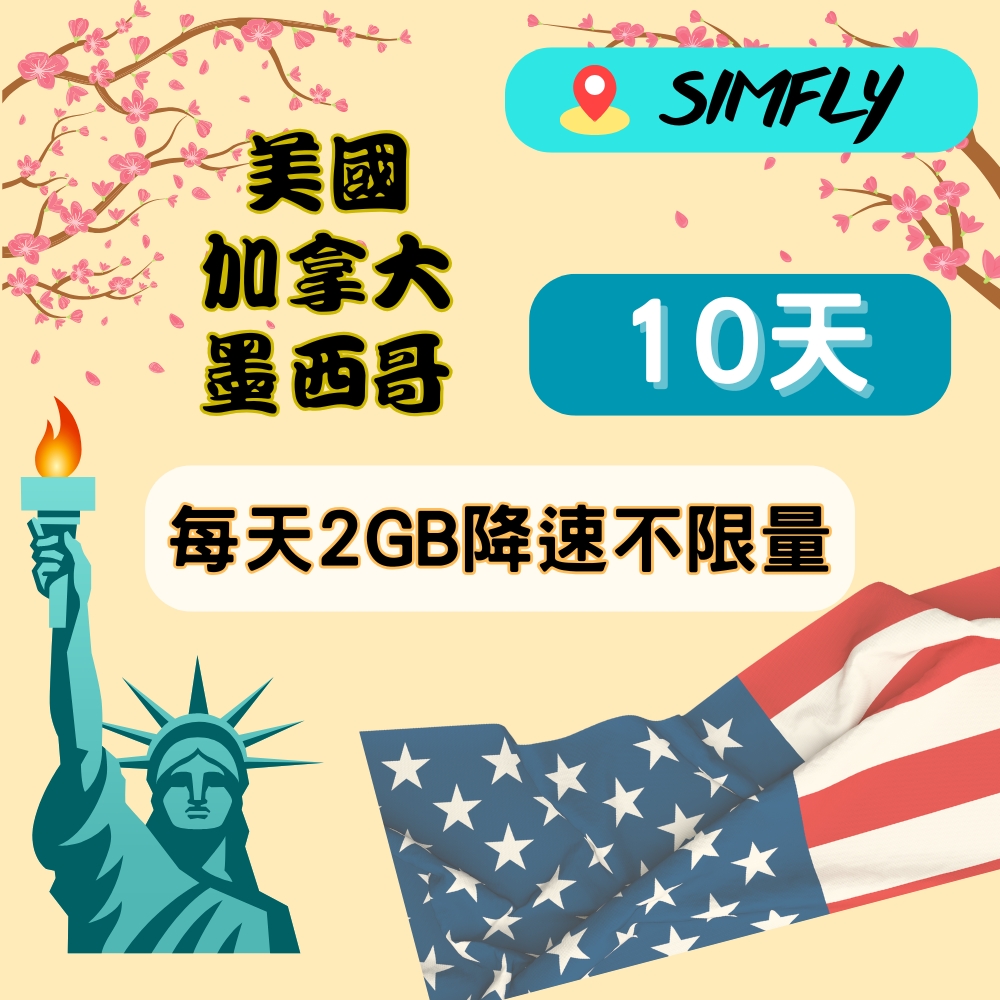 SIMFLY 【美國 加拿大 墨西哥10天每天2GB後降速128kbps吃到飽】【原星光卡環遊卡系列 】