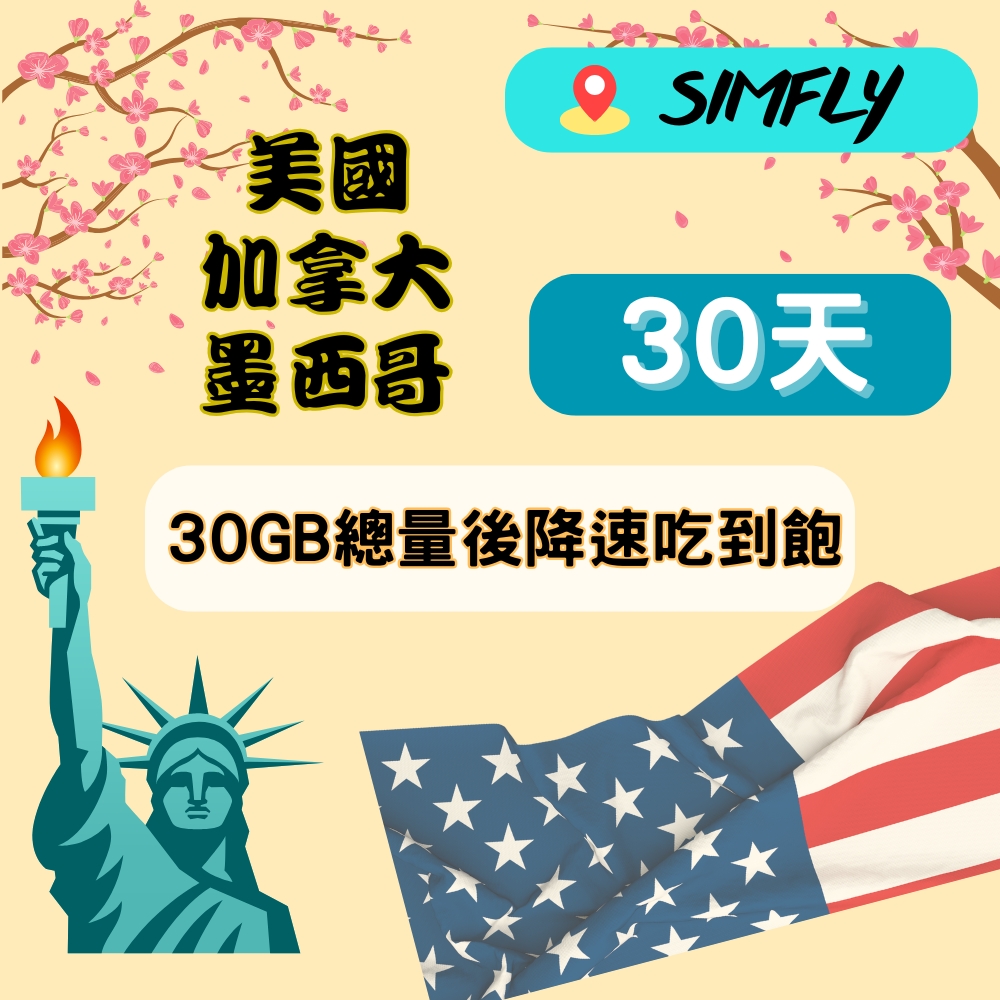 SIMFLY 【美國 加拿大 墨西哥30天30GB後降速128kbps吃到飽】【原星光卡環遊卡系列 】