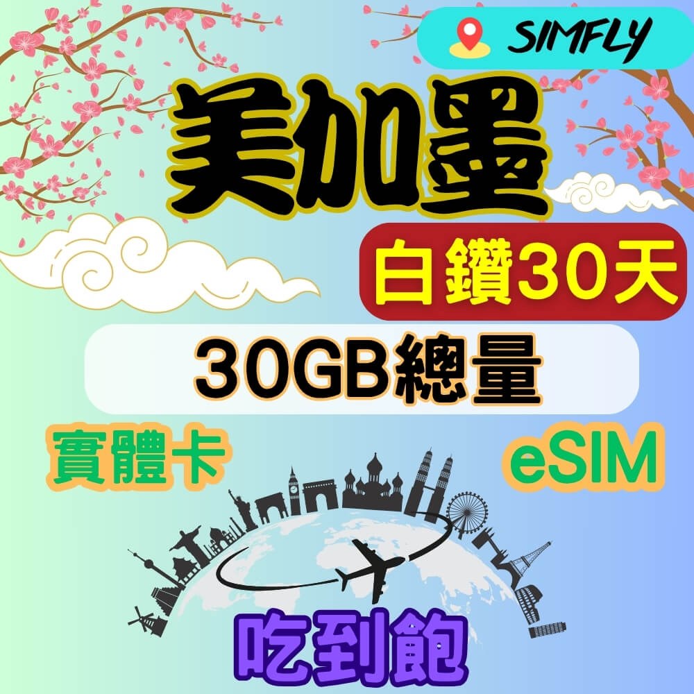SIMFLY 美國 加拿大 墨西哥30天內30GB總量 高速 無限量 吃到飽(實體卡或eSIM兌換碼紙本寄送)