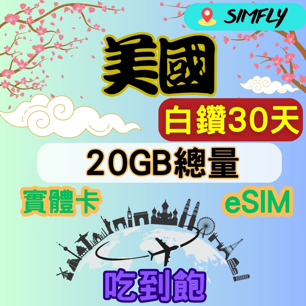SIMFLY 美國 30天內20GB總量 高速 無限量 吃到飽(實體卡或eSIM兌換碼紙本寄送)