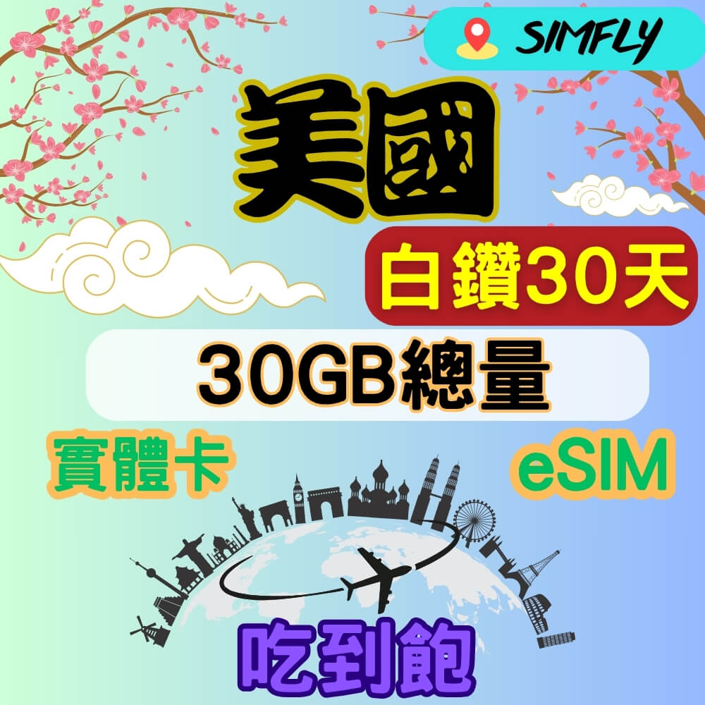 SIMFLY 美國 30天內30GB總量 高速 無限量 吃到飽(實體卡或eSIM兌換碼紙本寄送)