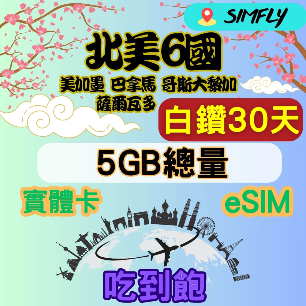 SIMFLY 美加墨 巴拿馬 哥斯大黎加  薩爾瓦多 30天內5GB總量 高速 無限量 吃到飽(實體卡或eSIM兌換碼紙本寄送）