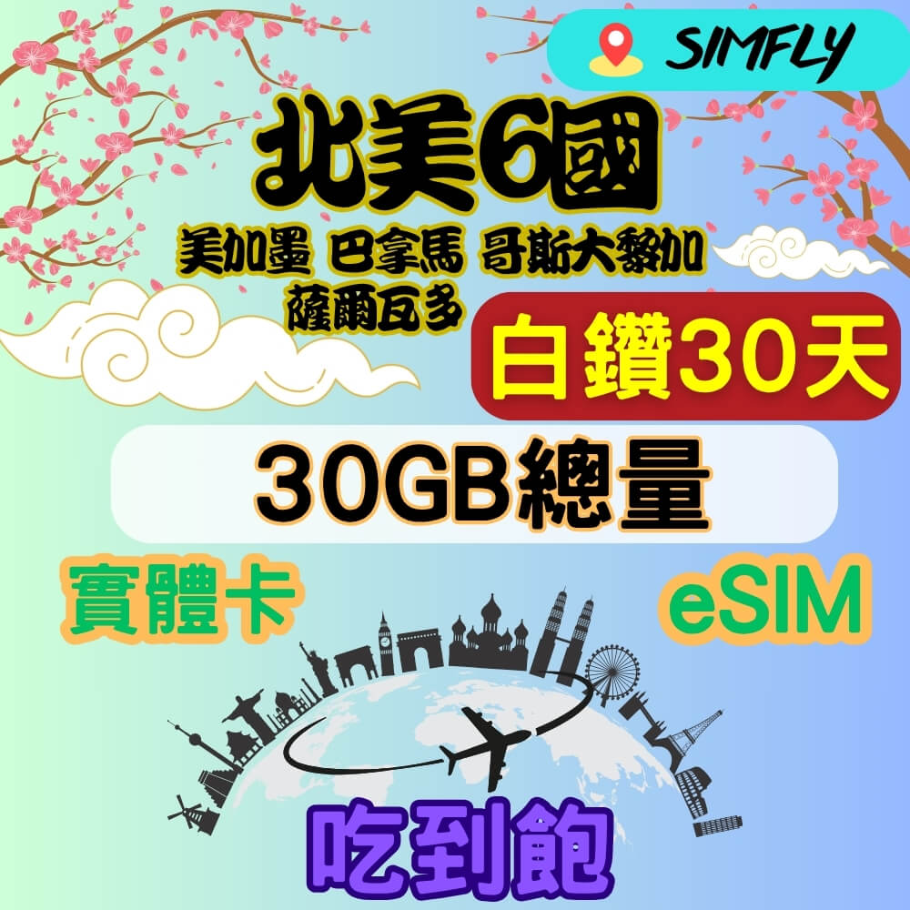SIMFLY 美加墨 巴拿馬 哥斯大黎加 薩爾瓦多30天內30GB總量 高速 無限量 吃到飽(實體卡或eSIM兌換碼紙本寄送)