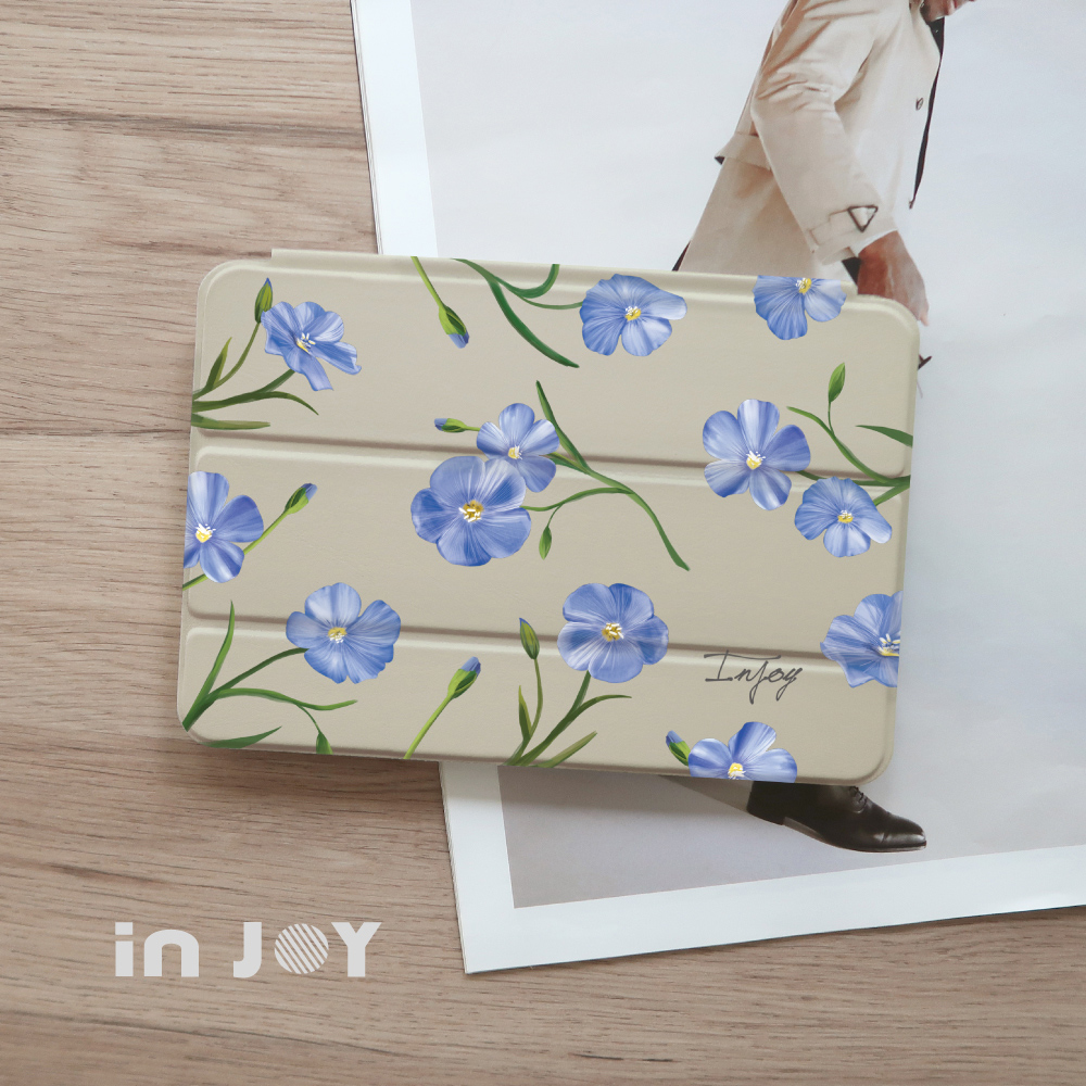 INJOY mall iPad Pro12.9 2018 系列 清新藍色亞麻花 無筆槽平板保護套