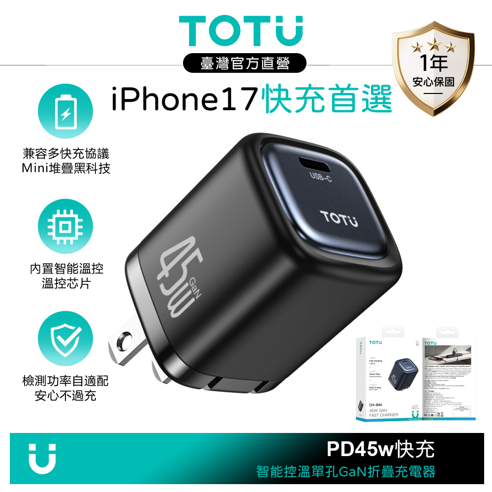 TOTU 單孔 Type-C快充 GaN氮化鎵充電頭 45W FastPro系列 藏藍 支援iPhone 18/17/安卓/手機/平板/筆電