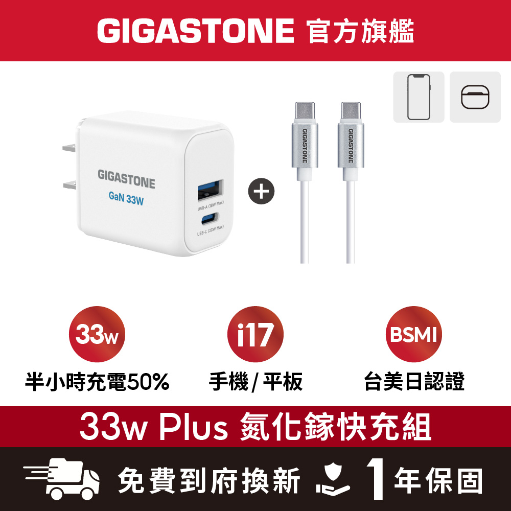 33W PLUS 氮化鎵雙孔快充頭+C to C充電線✦適用iPhone17/安卓手機充電器/豆腐頭