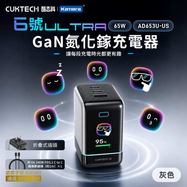 CUKTECH 酷態科 6號Ultra GaN 65W 氮化鎵 充電器套裝 AD653U-US 2C1A三口快充 筆電 手機