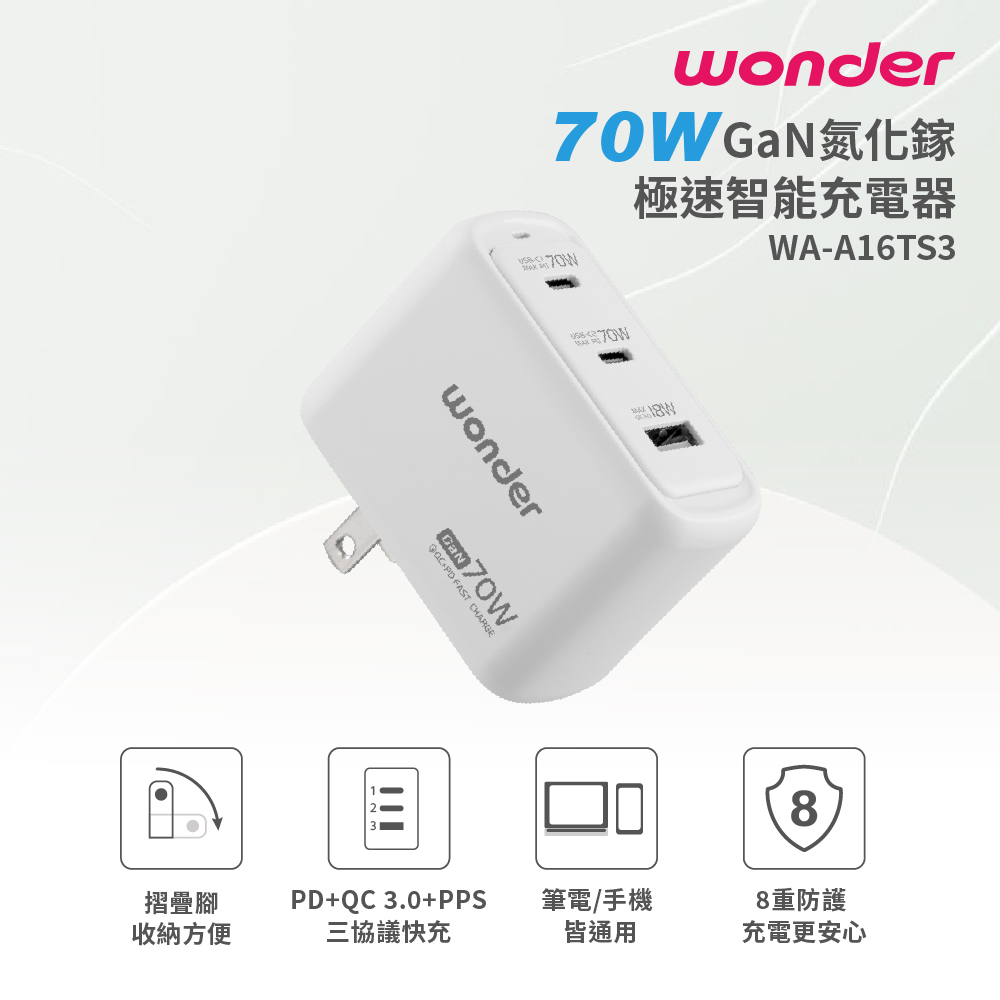 WONDER 旺德 70W GaN氮化鎵極速智能充電器 WA-A16TS3
