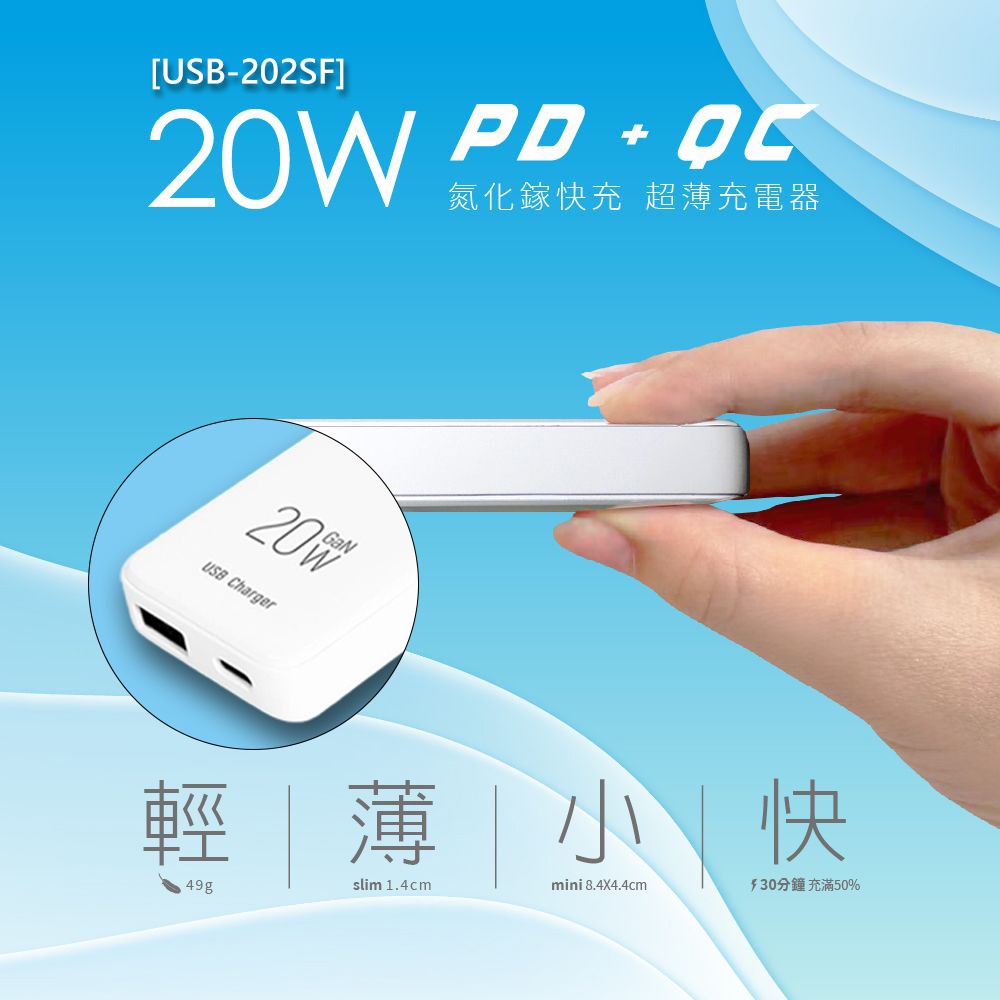 Dr.AV 聖岡科技 20W氮化鎵快速超薄充電器(USB-202SF)
