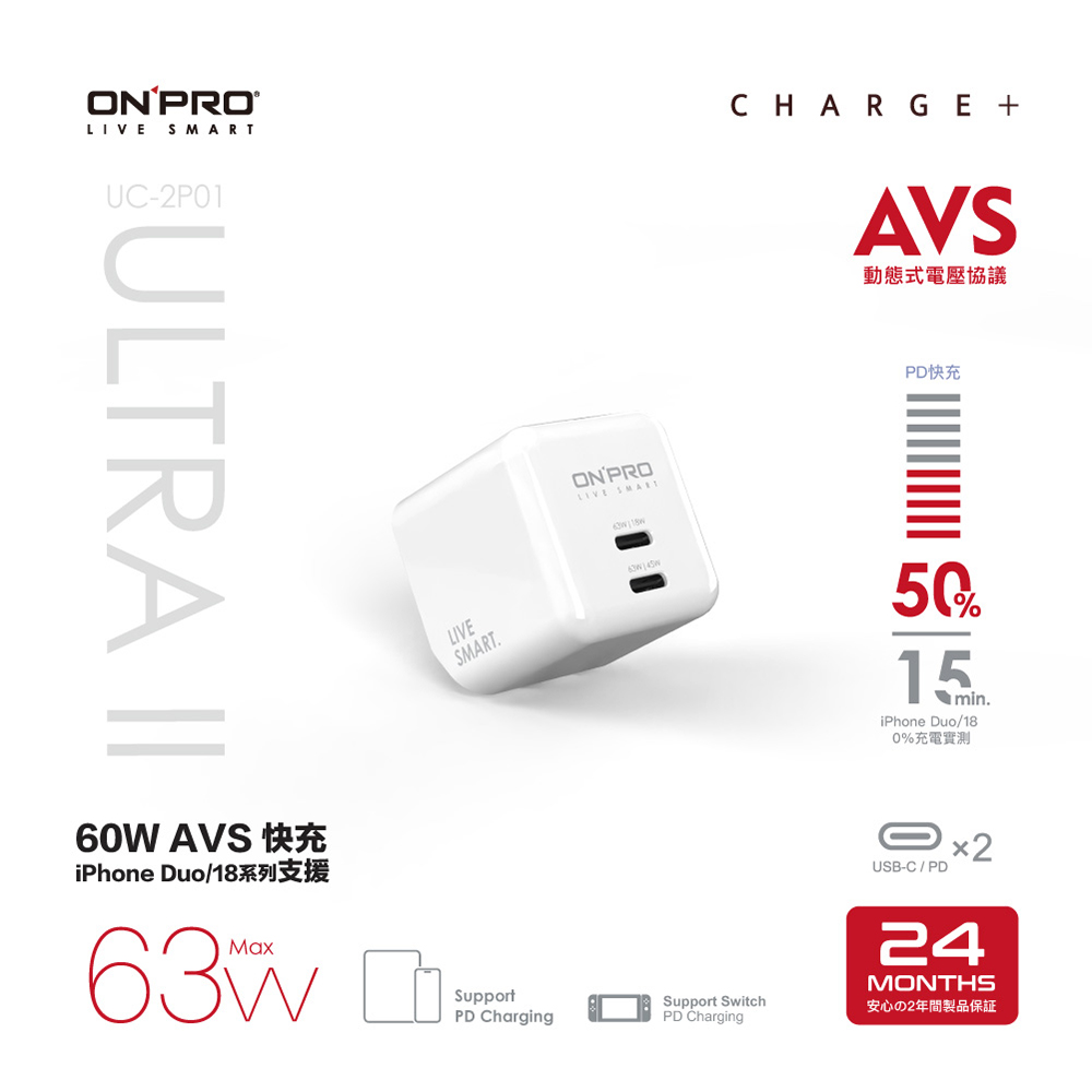 ONPRO UC-2P01 ULTRA II AVS 氮化鎵63W 超急速PD充電器