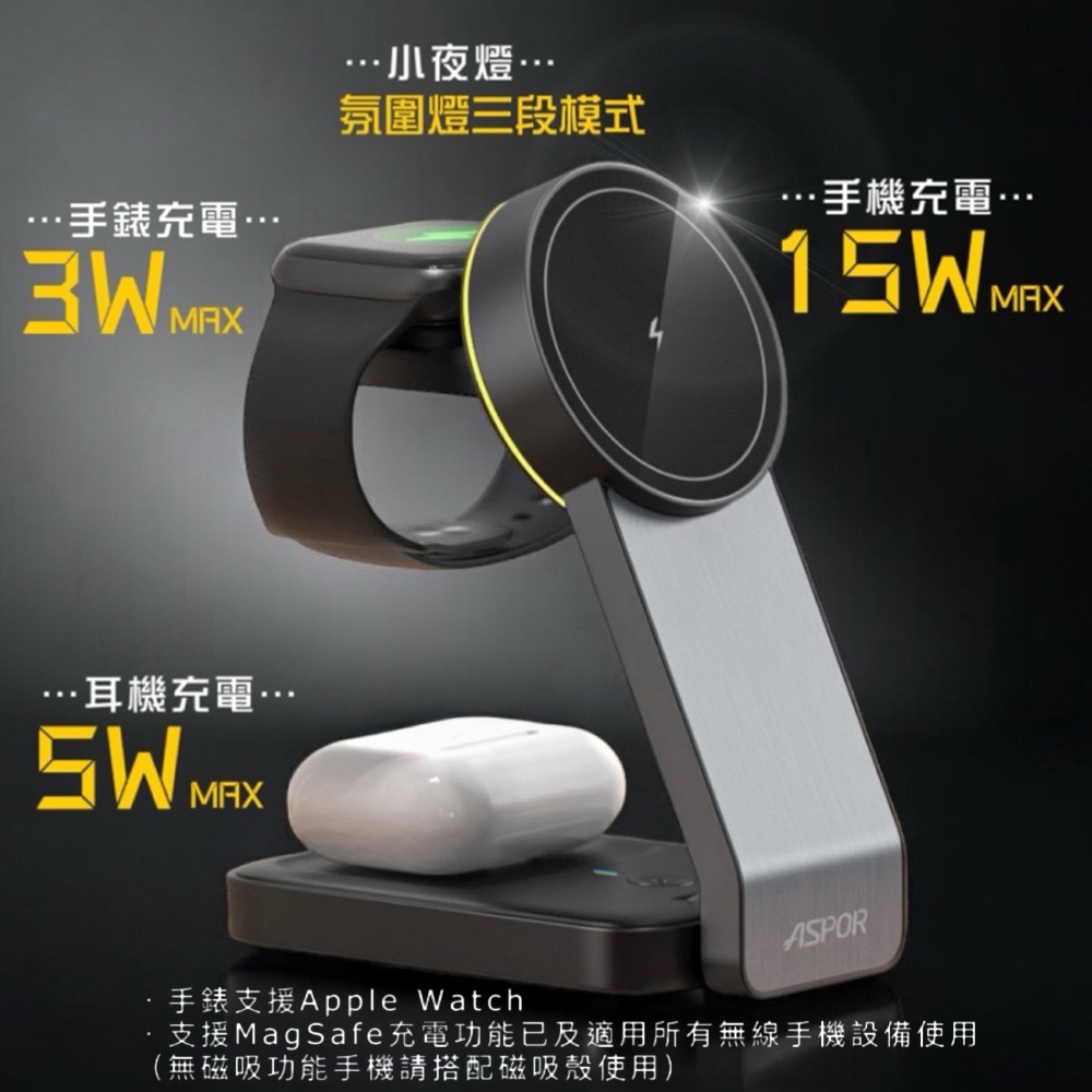 ASPOR 23W 折疊多合一磁吸無線充電座(手機/手錶/耳機)（其他規格）