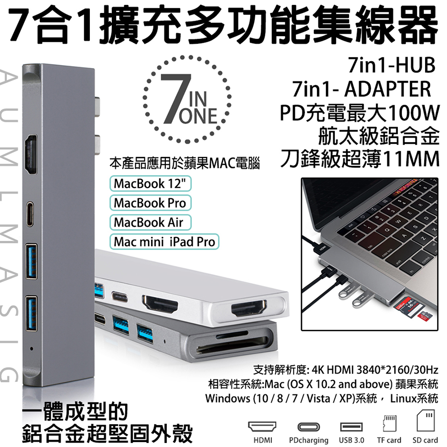 【AUMLMASIG】MAC 7in1-HUB PD HDMI多功能擴充集線器/USB-C/刀鋒級超薄11MM/一體化CNC鋁合金/ MacBook PRO/ MacBook Air/Mac mini/iPad Pro
