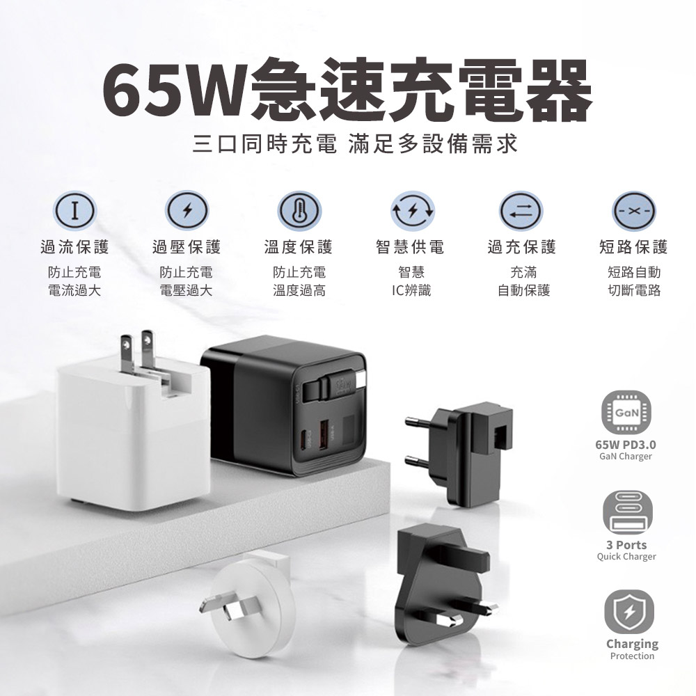 65W急速充電器 充電頭 豆腐頭 萬國充 附多國充電轉接頭