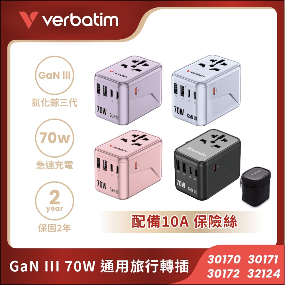 Verbatim 威寶 70W GaN III 氮化鎵 PD 3.0 / PPS / QC 4 + 快充充電器(內建 EU/UK/US 插頭,多國通用)