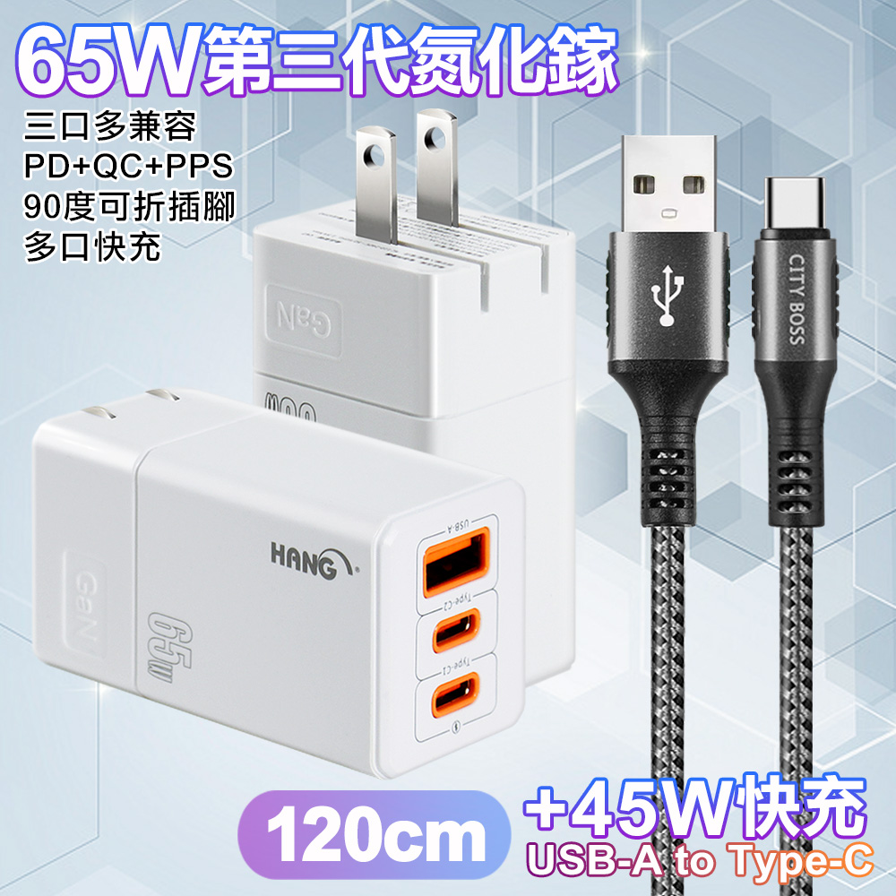 HANG 三代氮化鎵65W 白色+勇固線耐彎折編織線USB-Type-C-120cm