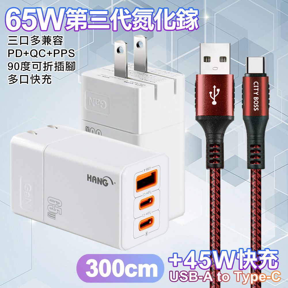 HANG 三代氮化鎵65W 白色+勇固線耐彎折編織線USB-Type-C-300cm（其他規格）