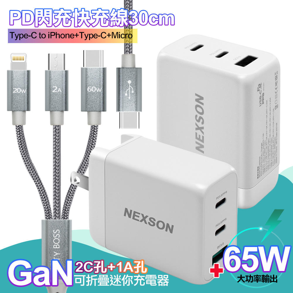 NEXSON GaN 迷你65W氮化鎵 2C1A獨立輸出不分流 白（其他規格）