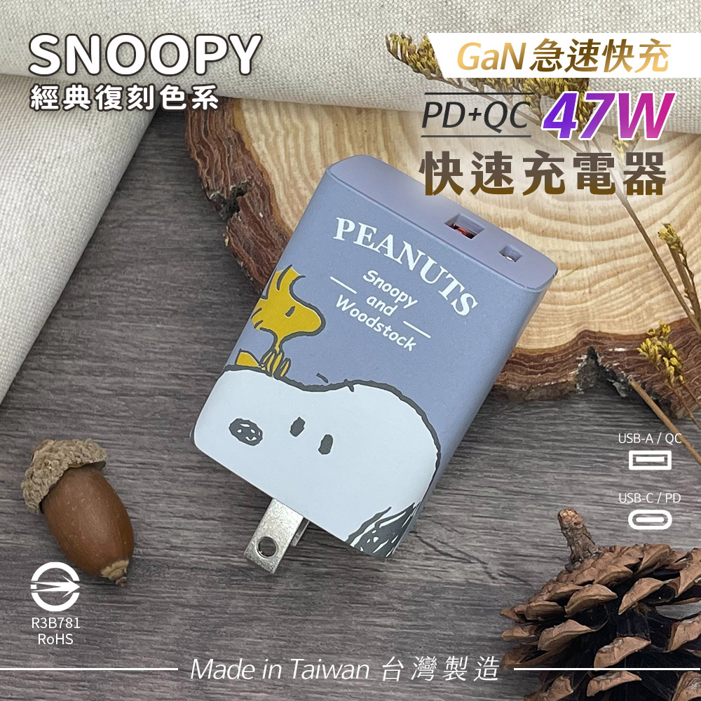 SNOOPY 史努比 鳳梨酥系列 經典復刻色系 47W GaN氮化鎵 PD+QC 急速充電器-大頭