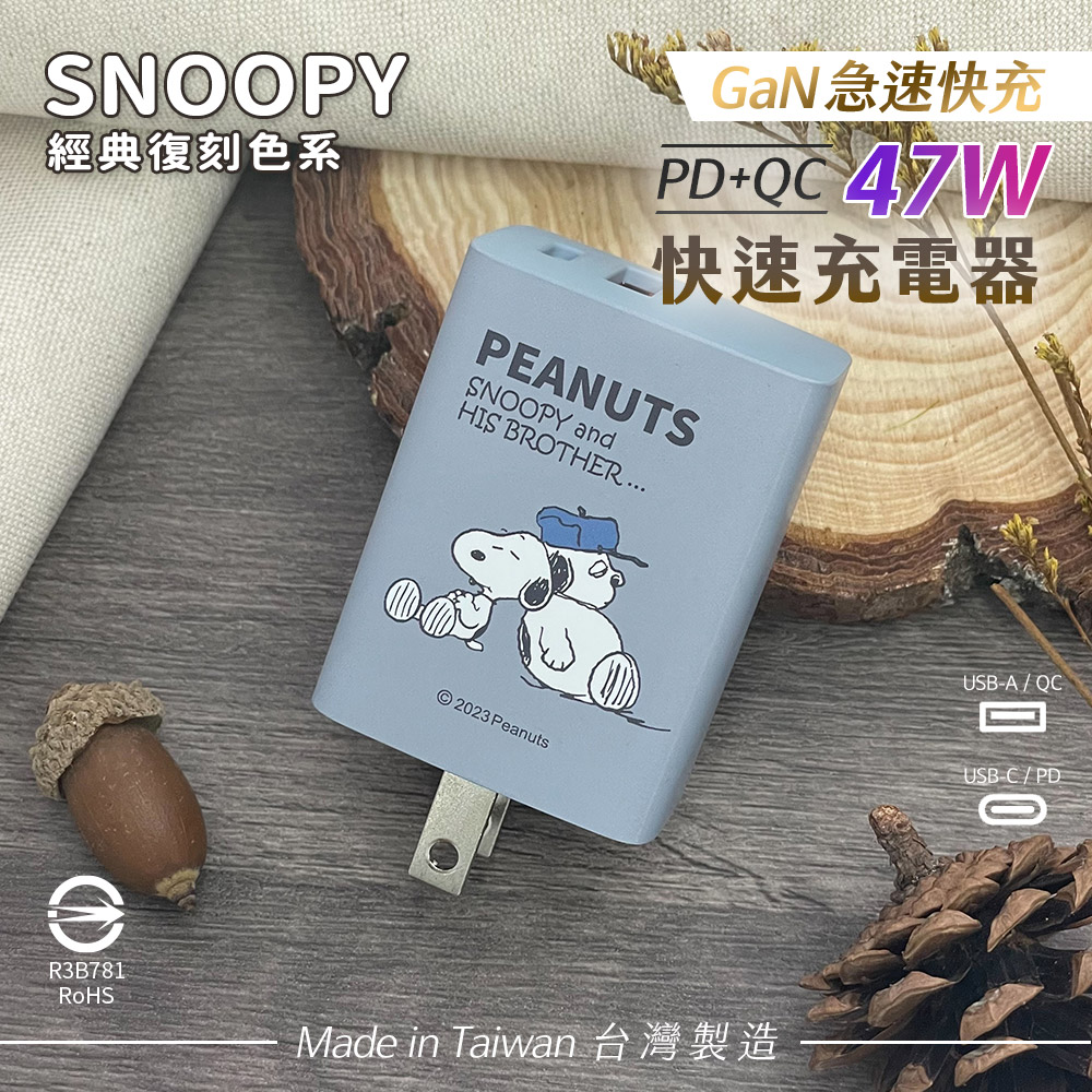 SNOOPY 史努比 鳳梨酥系列 經典復刻色系 47W GaN氮化鎵 PD+QC 急速充電器-兄弟(蒼藍)