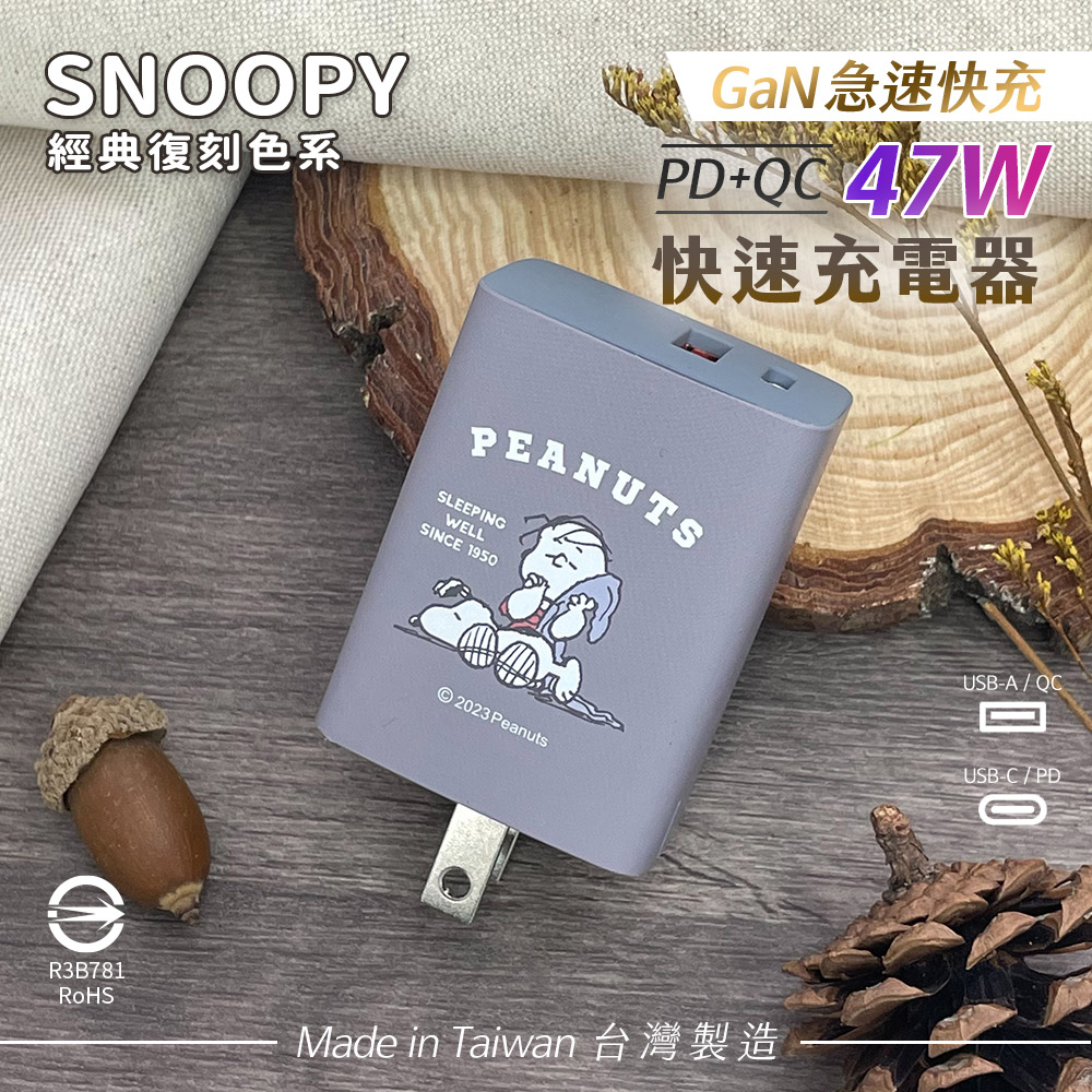 SNOOPY 史努比 鳳梨酥系列 經典復刻色系 47W GaN氮化鎵 PD+QC 急速充電器-瞌睡(黛藍)