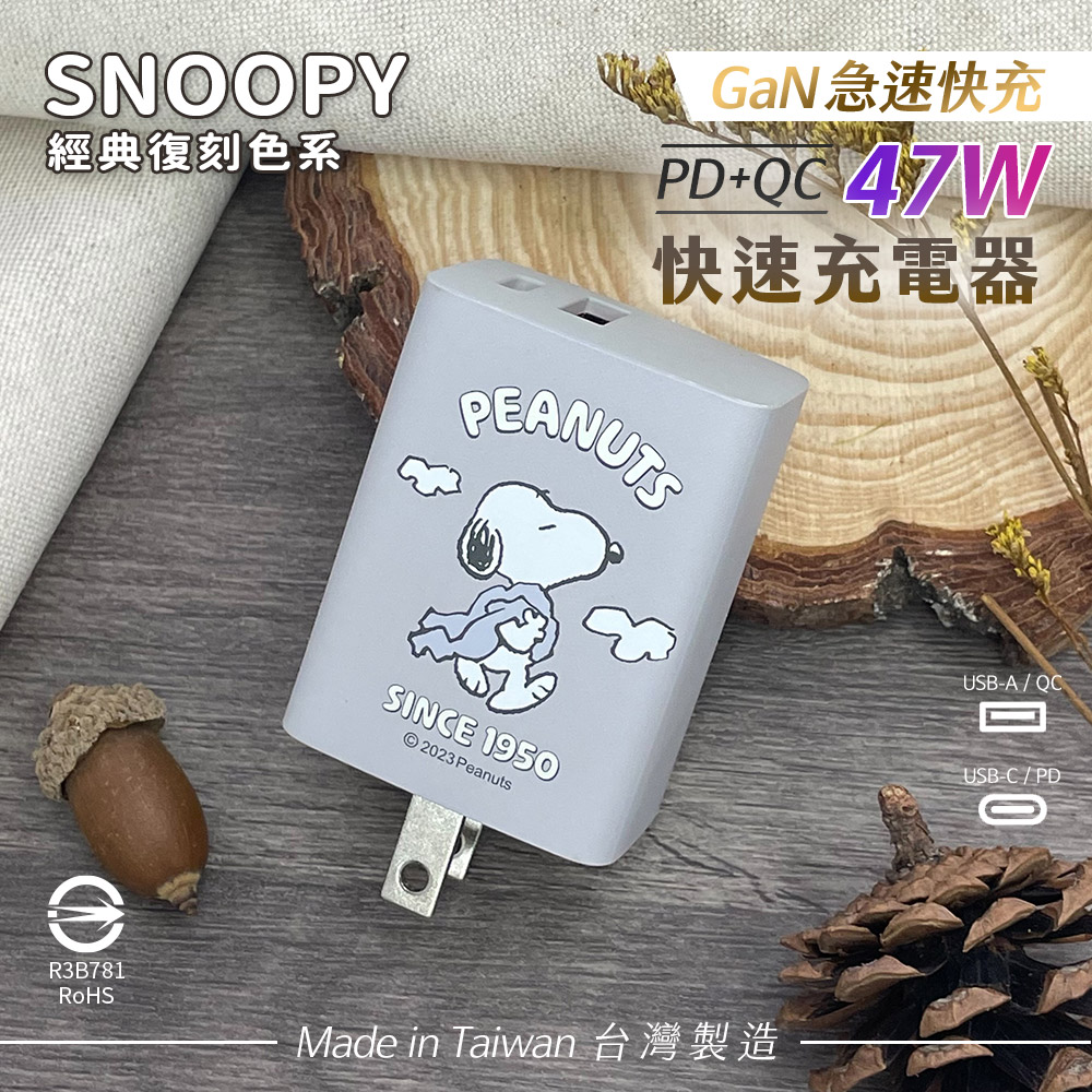 SNOOPY 史努比 鳳梨酥系列 經典復刻色系 47W GaN氮化鎵 PD+QC 急速充電器-散步(霜灰)