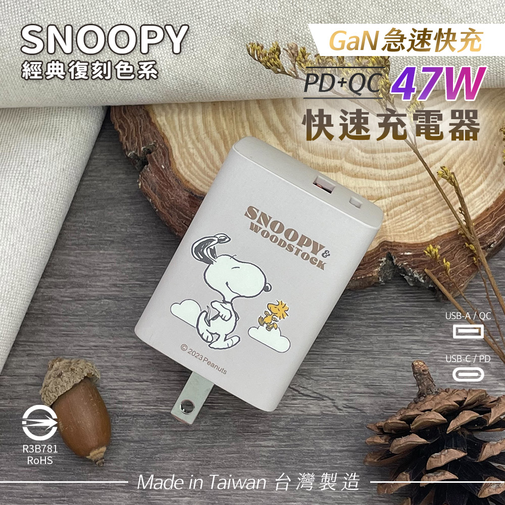 SNOOPY 史努比 鳳梨酥系列 經典復刻色系 47W GaN氮化鎵 PD+QC 急速充電器-悠遊(杏米)