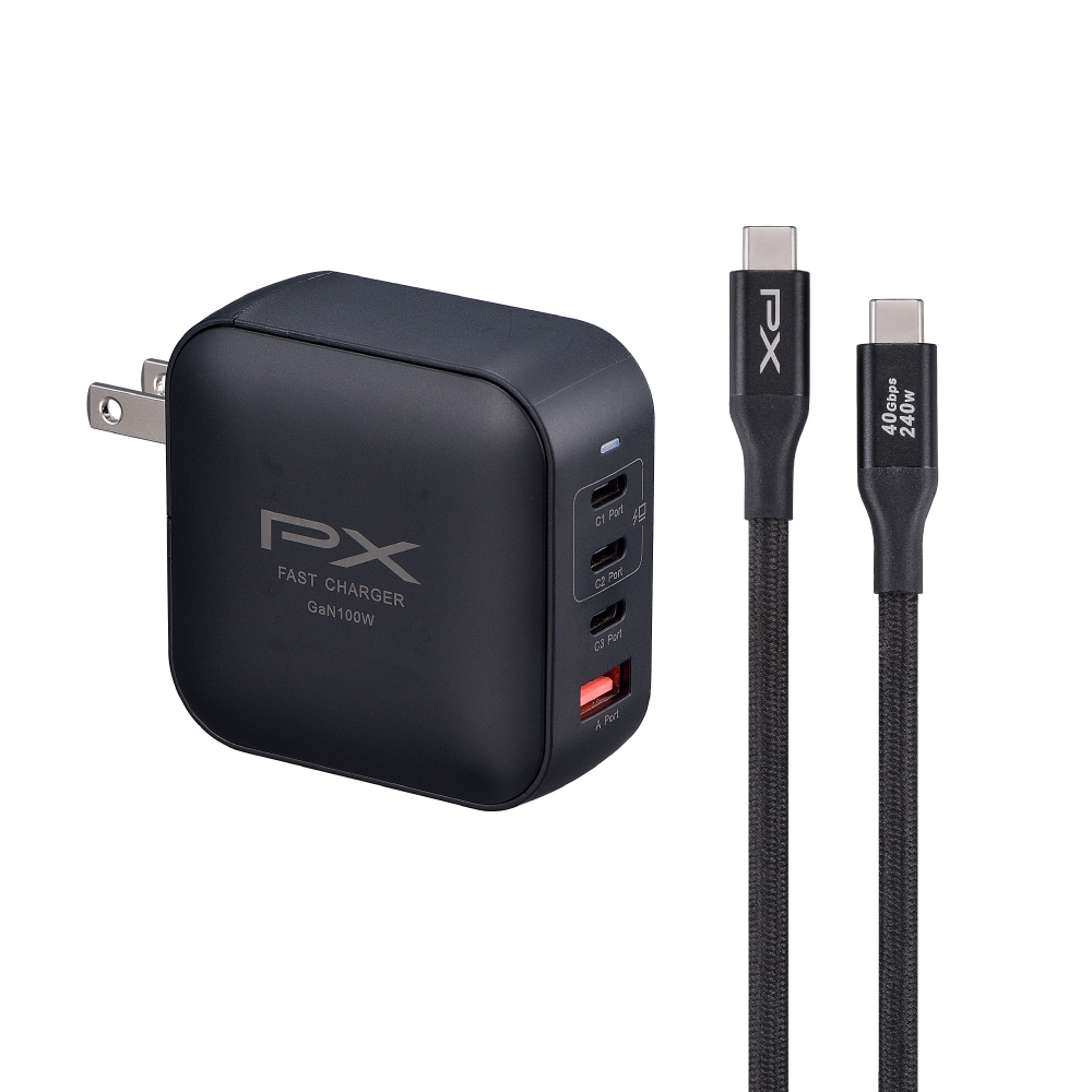 PX 大通 UCP-100CB 氮化鎵 100W GaN PD3.0 4孔(TYPE-C+USB-A)快充充電頭+24W TYPE-C充電線組