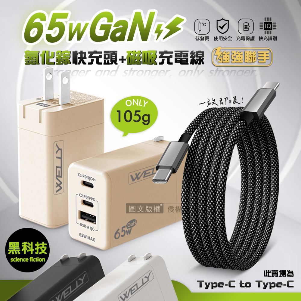WELLY 威力 65W氮化鎵GaN 三孔極速充電器+Type-C to Type-C 磁吸秒收充電線(100cm)