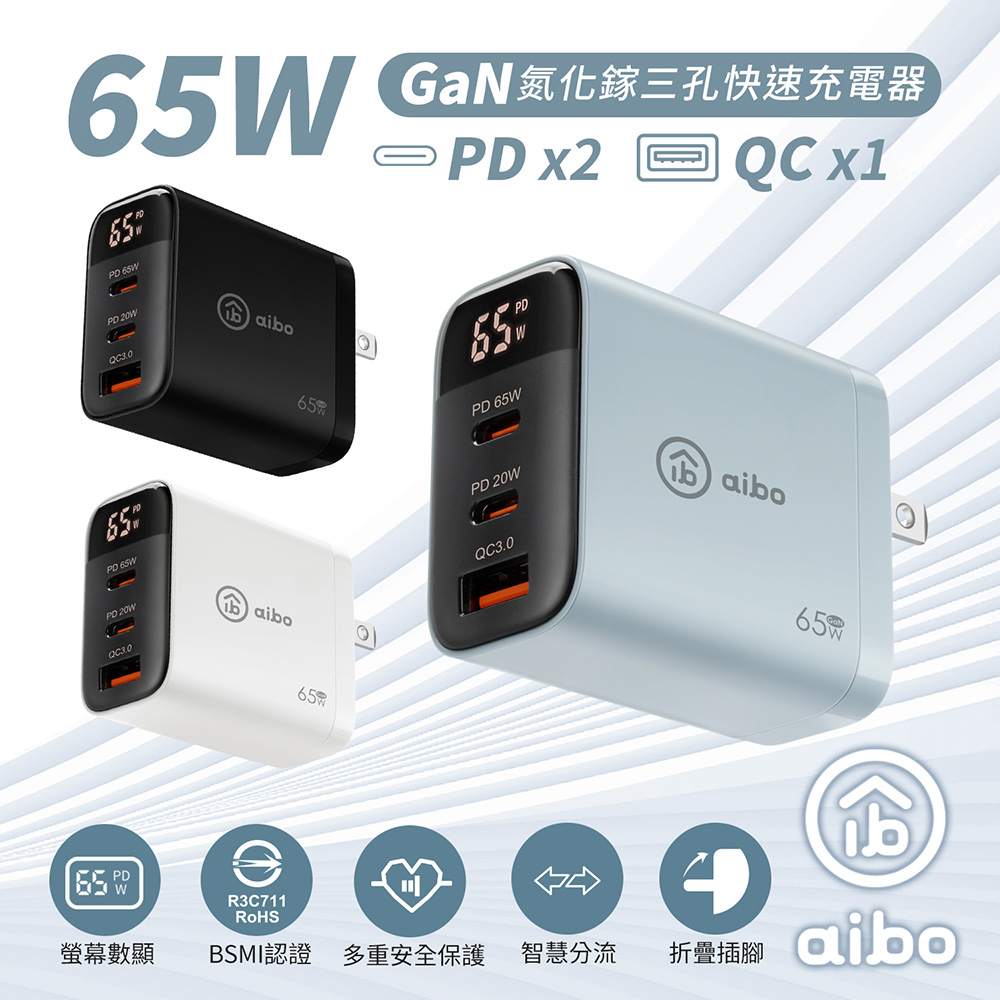 65W氮化鎵GaN智能數位顯示三孔超閃充電器
