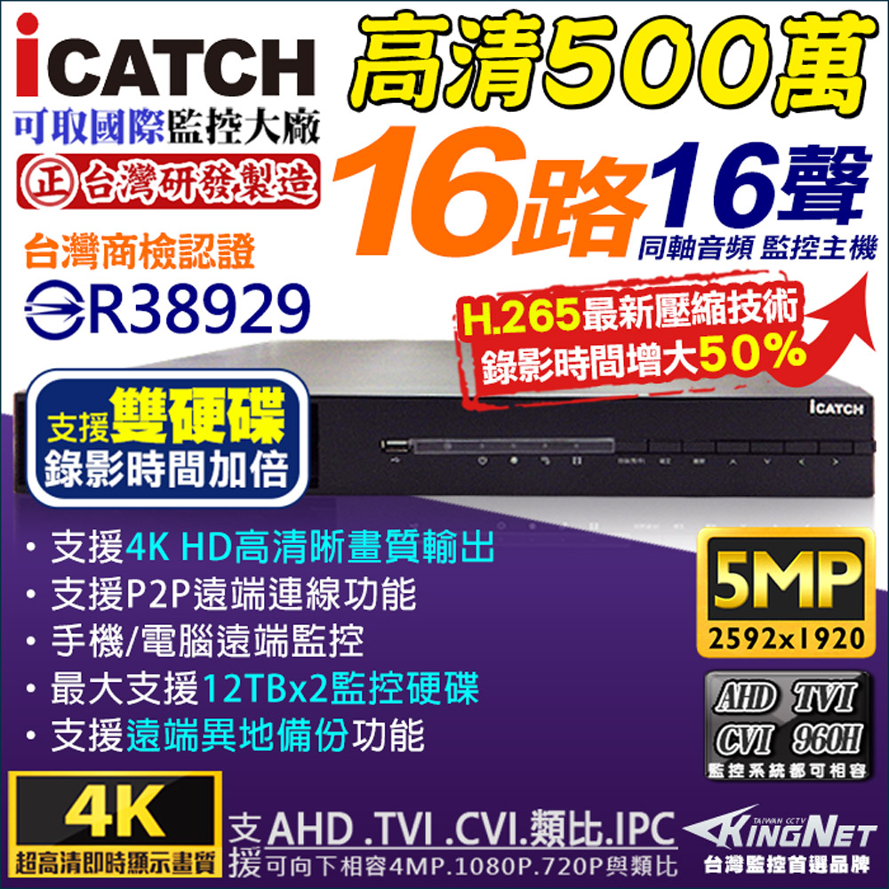 KingNet 帝網 KMQ-1628EU-N 雙硬碟 16路監控主機 台灣製造 500萬 監視器 DVR 同軸音頻 監視主機