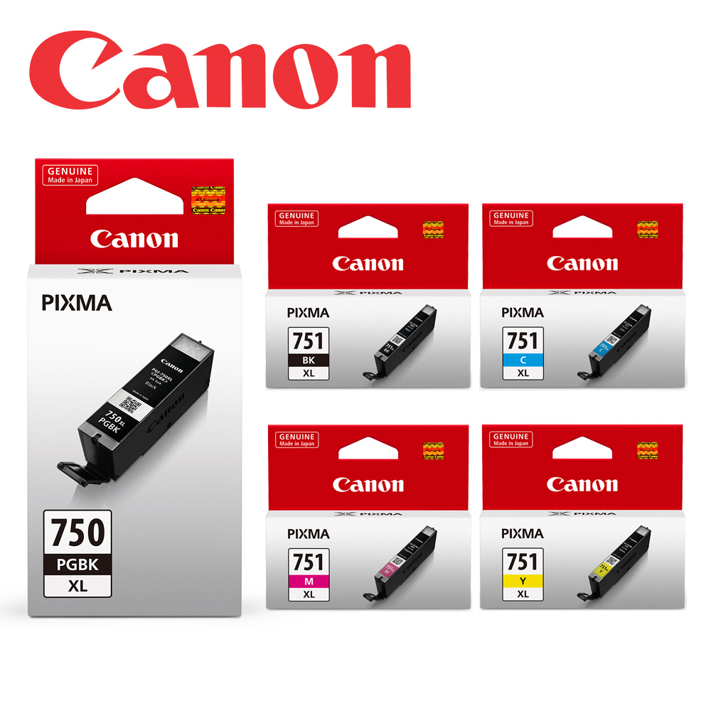Canon 佳能 PGI-750XL-BK+CLI-751XL-BK/C/M/Y 原廠XL墨水匣組合(2黑+3彩)(適用:MG5470/MG6370/MX727/MX927/IP7270)