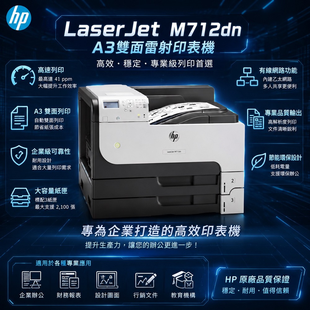 LaserJet Enterprise 700 M712dn / M712  A3雷射印表機CF214/自動雙面列印代理商公司貨全新未拆