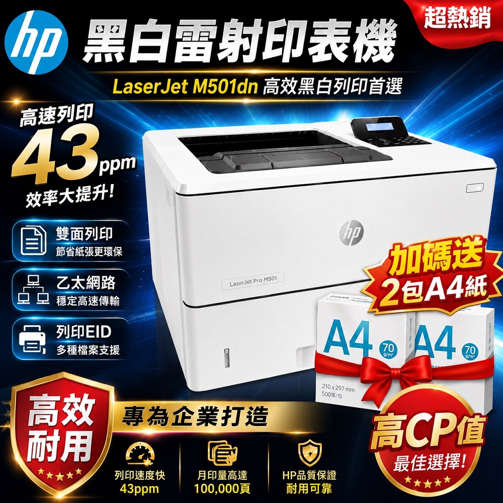 HP 惠普 LaserJet Pro M501dn 黑白高速雷射印表機/CF287A/J8H61A全新未拆封代理商公司貨