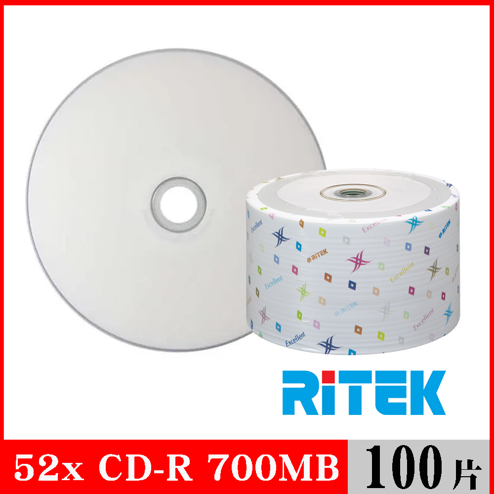 RIDATA 錸德 RITEK 52x CD-R 700MB 珍珠白滿版可列印/100片裸裝
