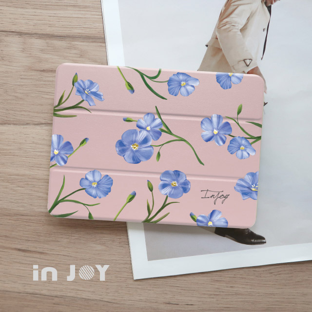 INJOY mall for iPad Pro12.9 2020 系列 Smart cover皮革平板保護套 附筆槽 清新藍色亞麻花款