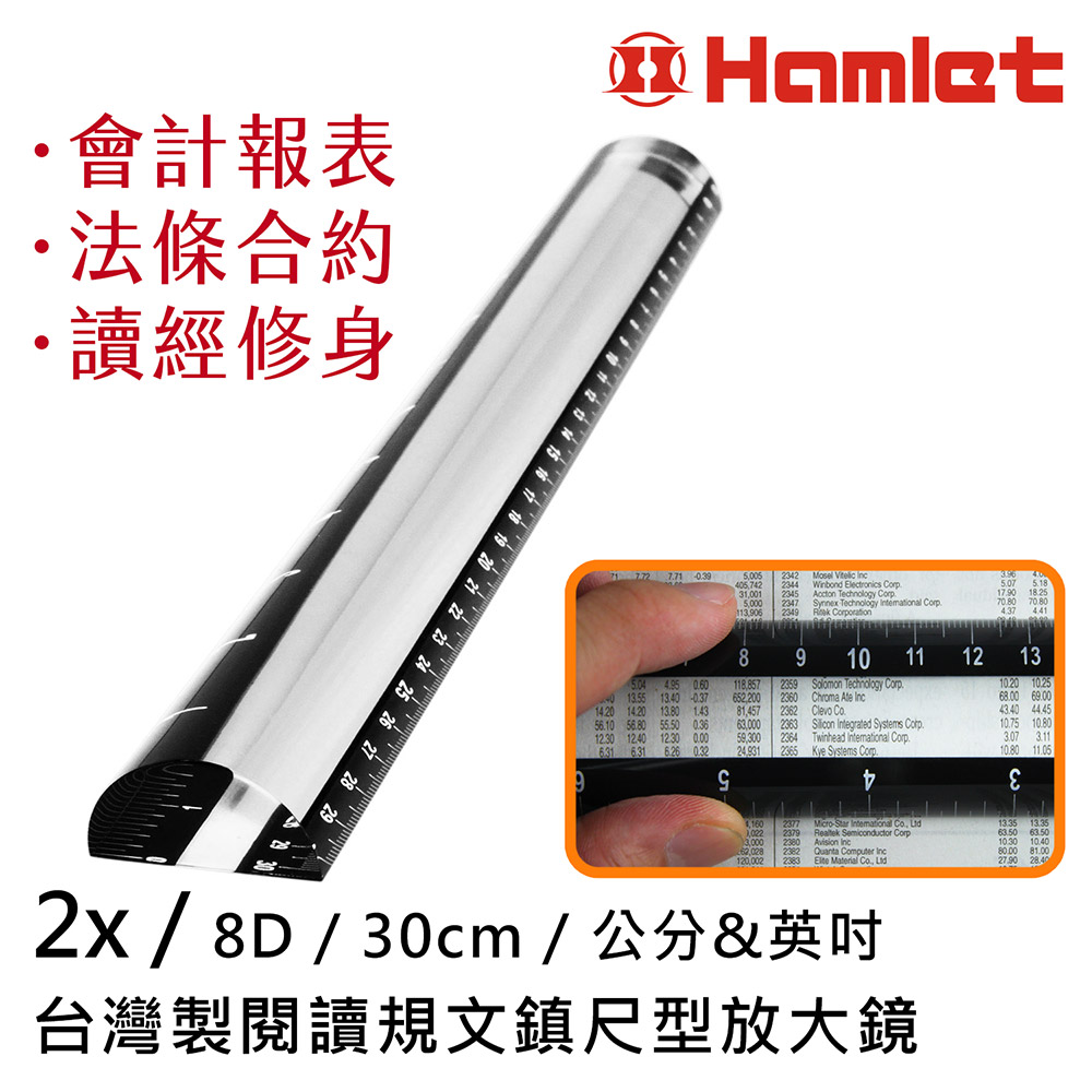 Hwatang 華堂光學 2x/8D/30cm 台灣製閱讀規文鎮尺型放大鏡 Hamlet 哈姆雷特 A044