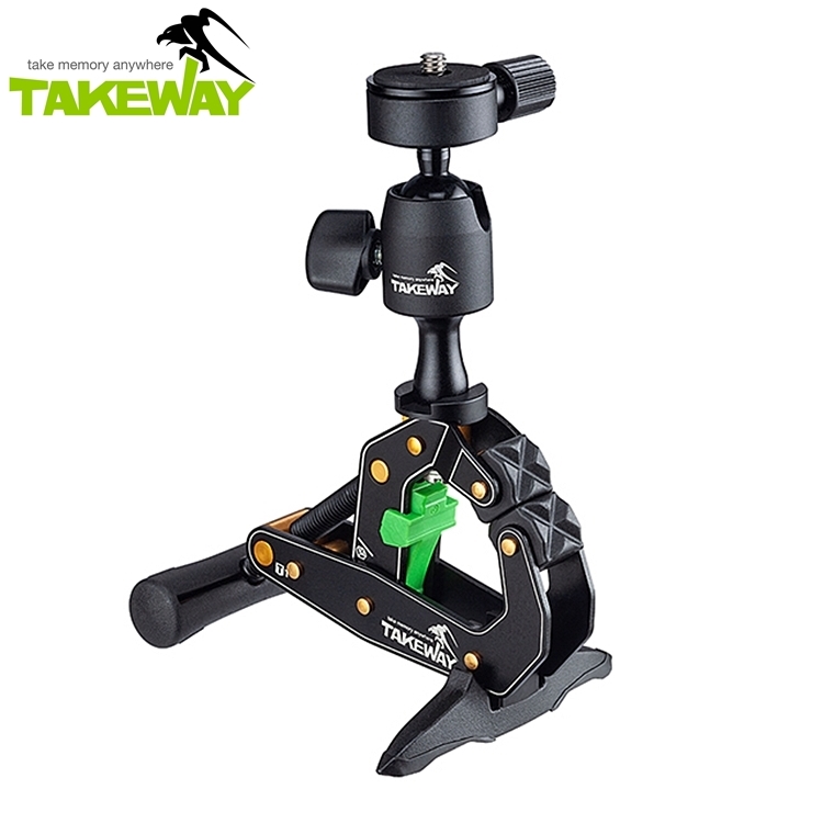 TAKEWAY 台灣製鉗式腳架360度萬向球型雲台卡鉗腳架T1鉗腳架(含相機夾/手機夾)迷你三腳架夾適狹窄空間裝閃燈拍照