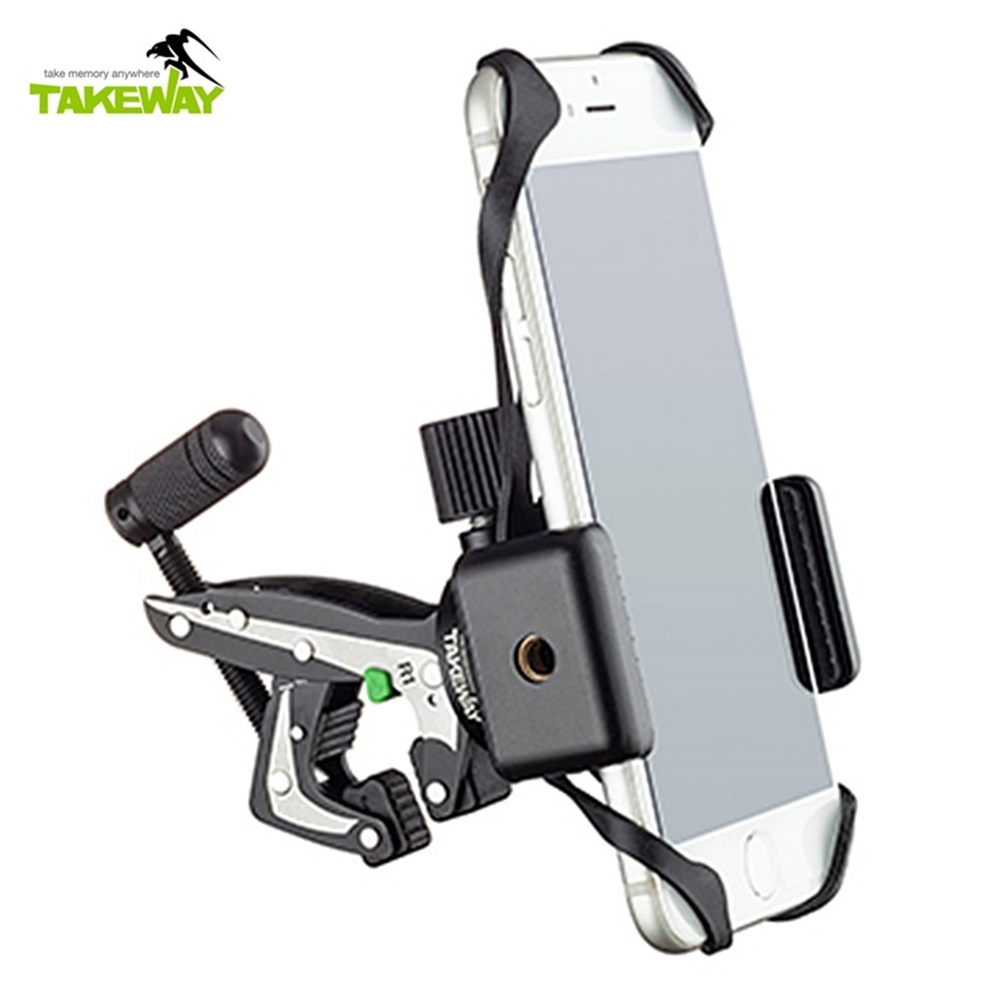 TAKEWAY 台灣製極限運動夾鉗式腳架R1 mini含彈力束帶手機座T-PH04適滑板重型機車重機自行車迷你萬用夾卡鉗腳架