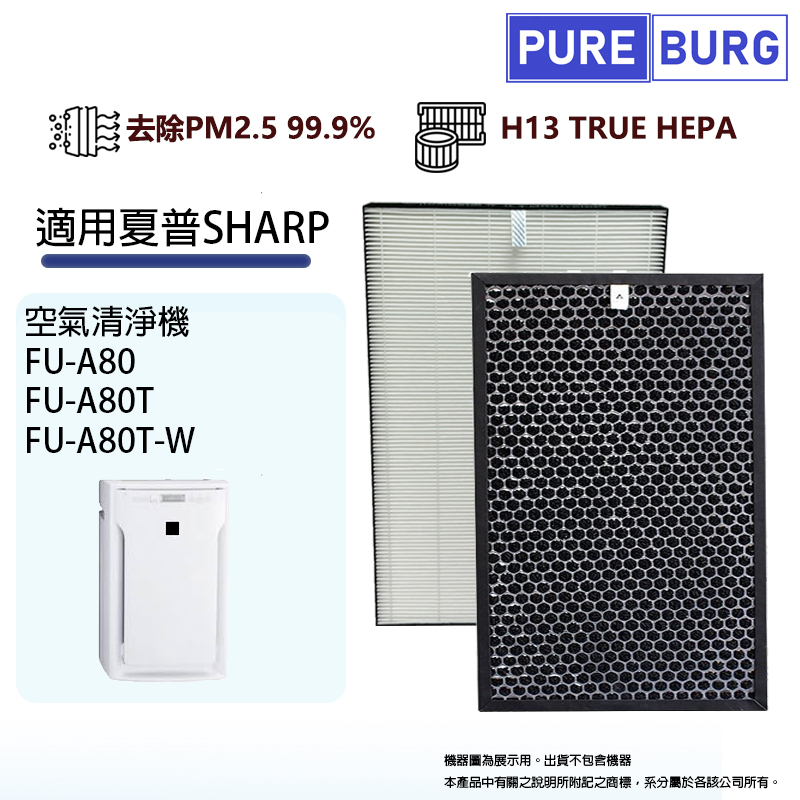 SHARP 夏普 適用 FU-A80 FU-A80T FU-A80T-W 空氣清淨機 HEPA替換濾網濾芯+活性碳組