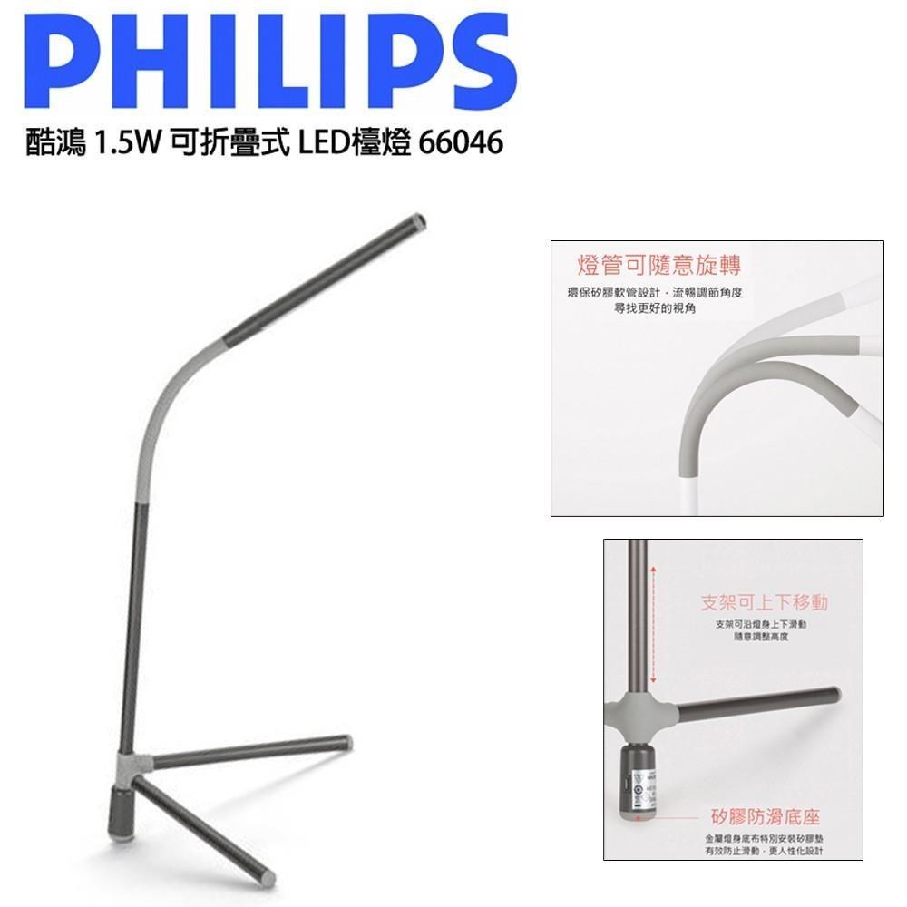 PHILIPS 飛利浦 酷泓 1.5W可折疊式LED檯燈 露營燈 (66046)