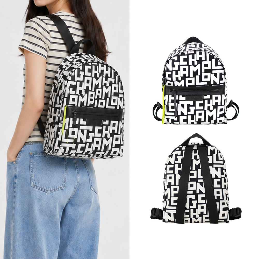 Longchamp Le Pliage LGP系列滿版字母尼龍後背包(小/黑X白)