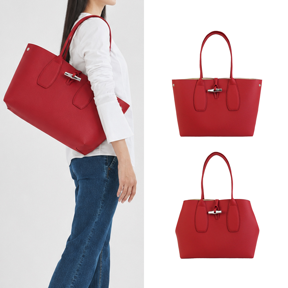 Longchamp ROSEAU系列竹節卵石紋牛皮肩背托特包(紅)