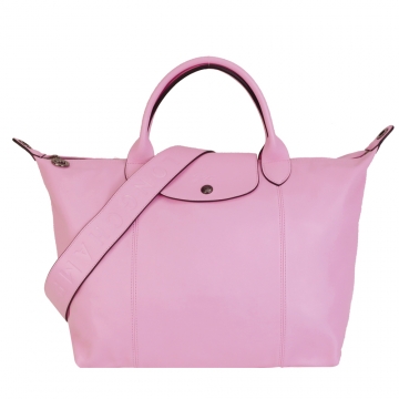 Longchamp Le Pliage Cuir 小羊皮寬背帶短把折疊水餃包(中/粉紅)